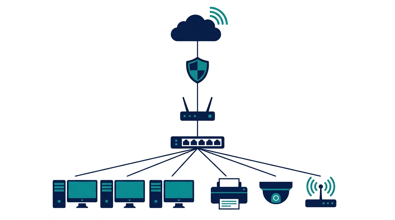 Small business network topology diagram showing firewall, router, switch and connected office devices