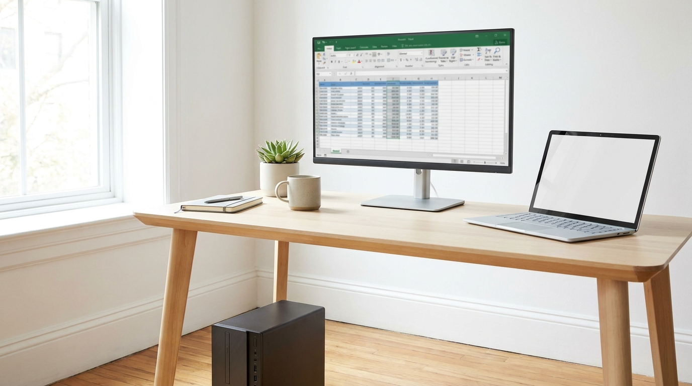 Modern small business office desk with a business laptop, compact desktop tower and large monitor