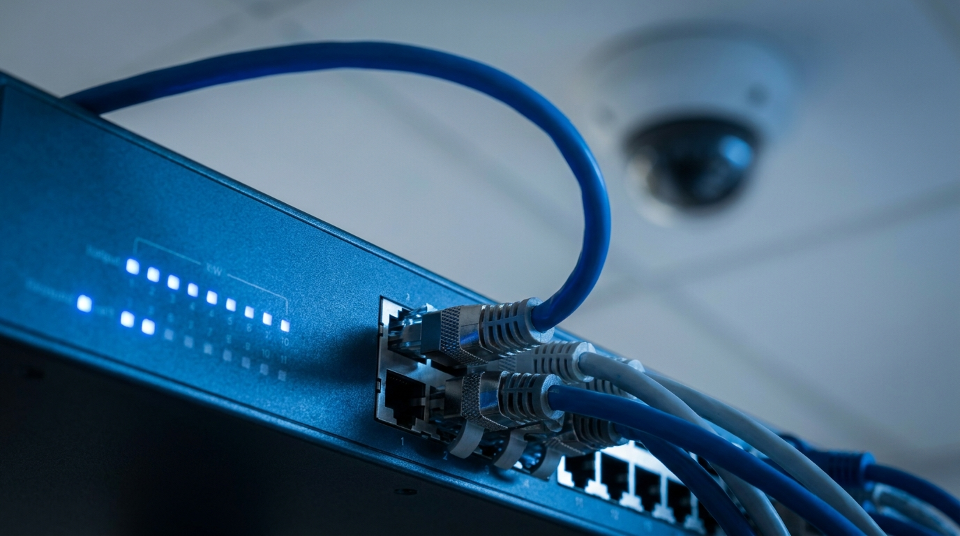 Network switch with ethernet cables, one running to a ceiling security camera powered over ethernet