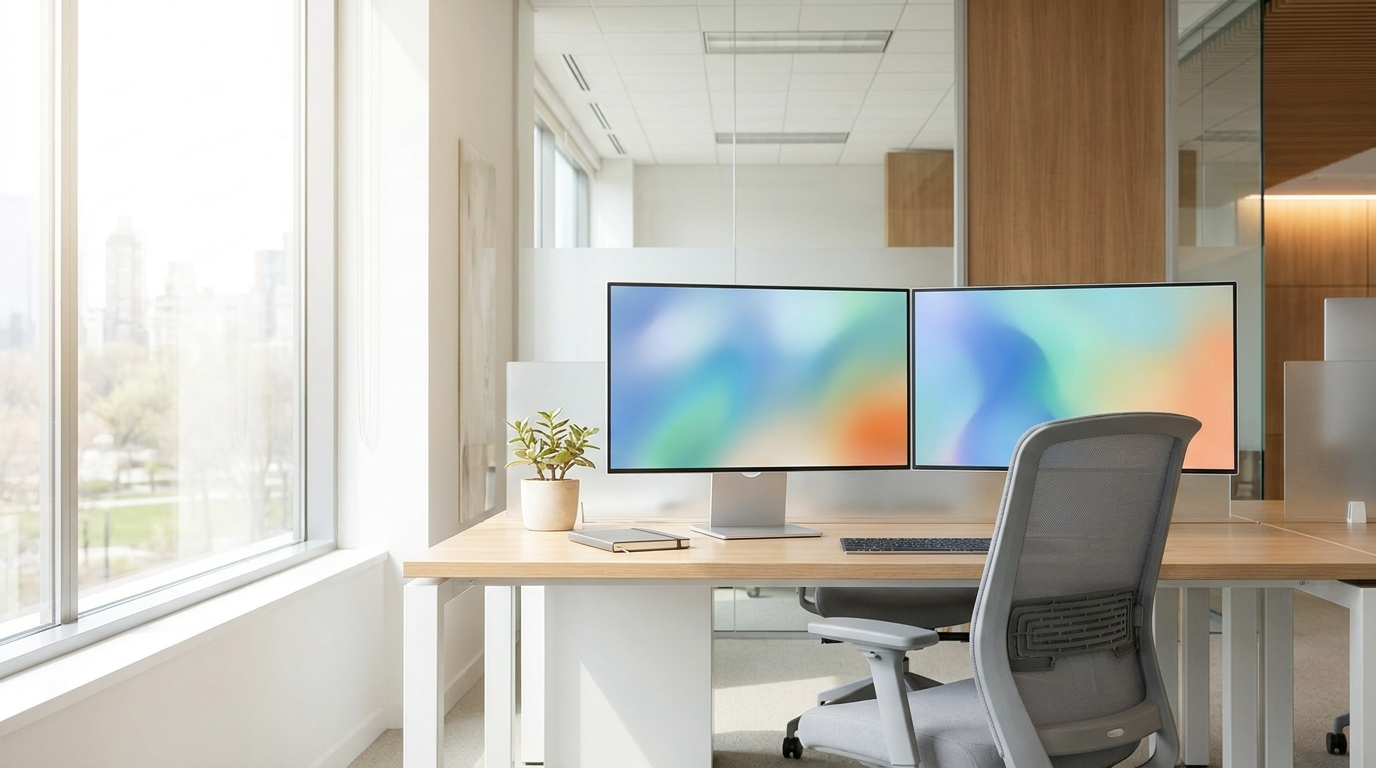 Modern office workstation with dual monitors on a clean desk