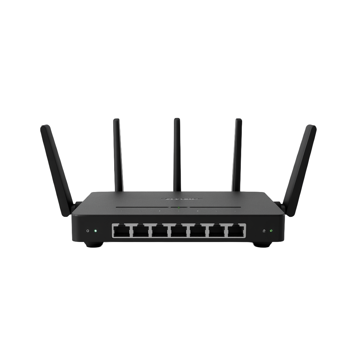 Black desktop router with five upright antennas and seven RJ45 ports on a white background