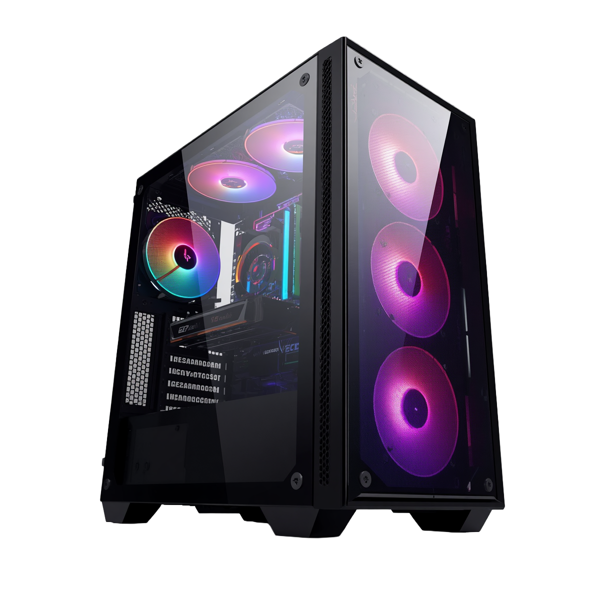 Black gaming PC tower with tempered glass panel, pink lit cooling fans and visible internal components