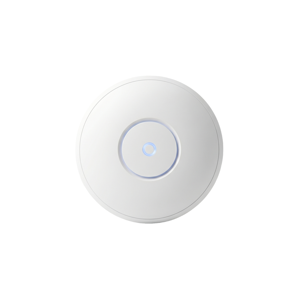 White circular ceiling-mount wireless access point with a glowing blue LED ring at the center