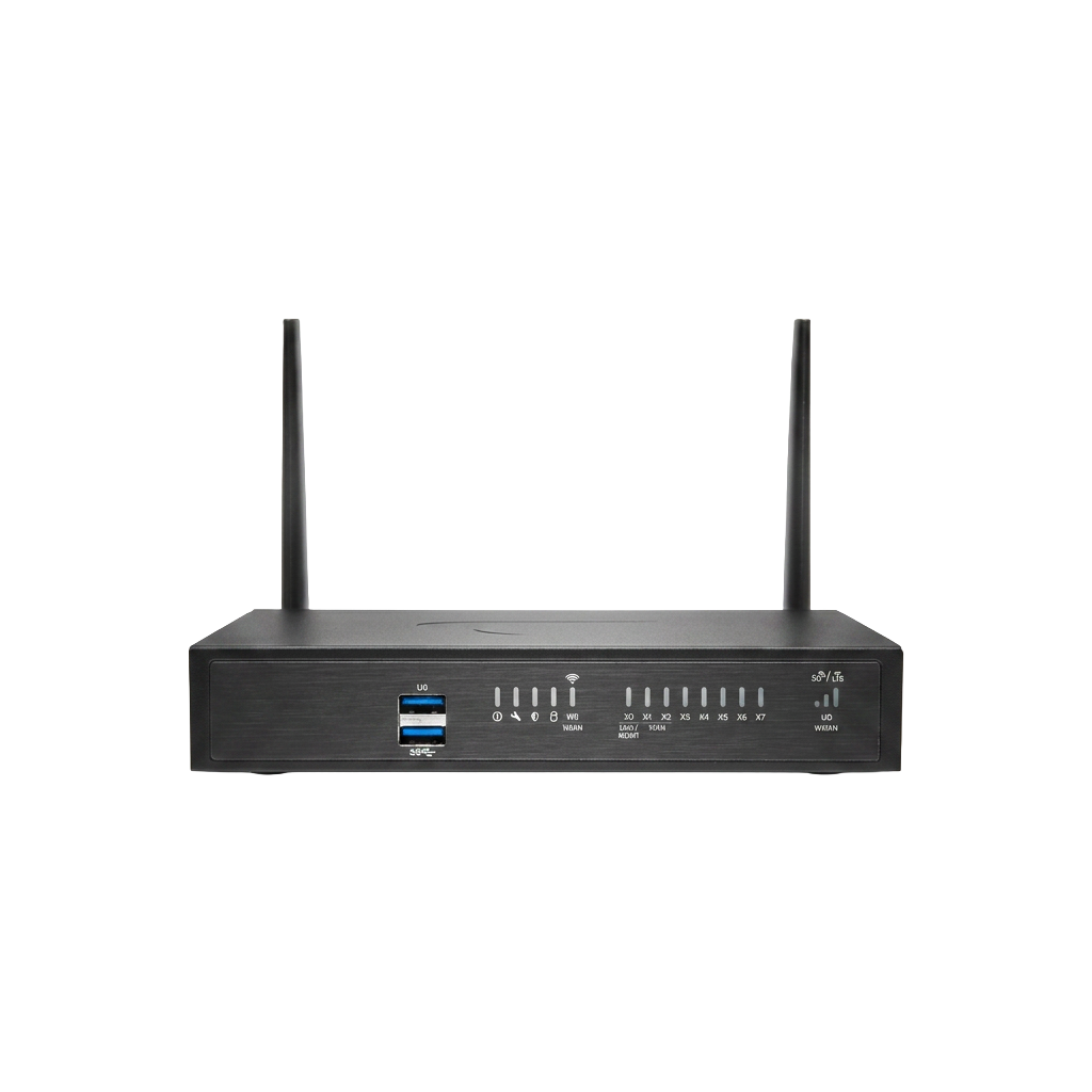 Black desktop firewall appliance with two upright antennas, front USB ports and LED indicators
