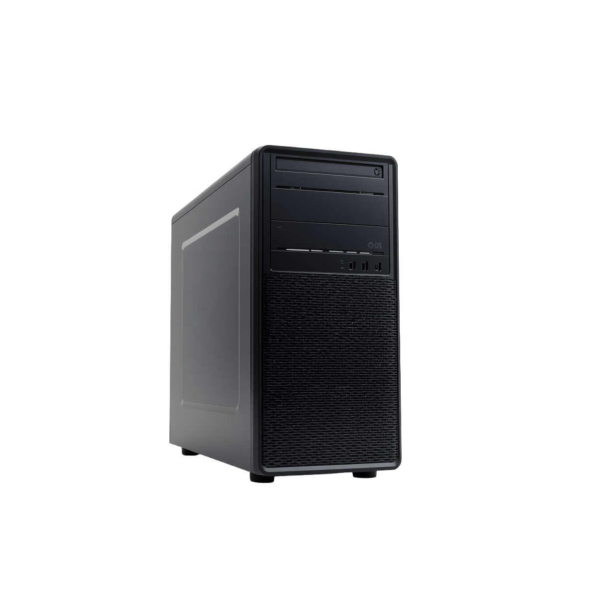 Black mid-tower desktop PC at an angle, optical drive bay and mesh front panel, white background