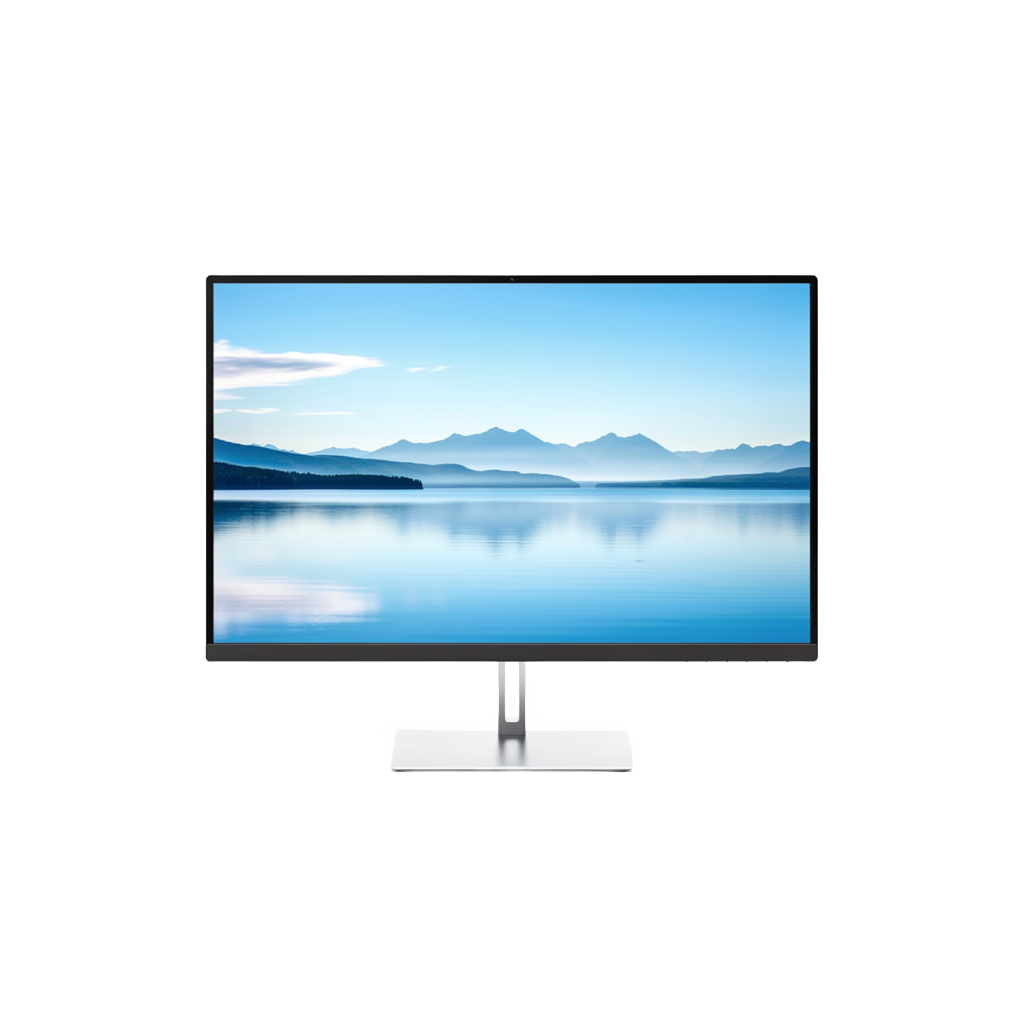 Widescreen monitor on a silver stand showing a lake and mountain landscape, white background