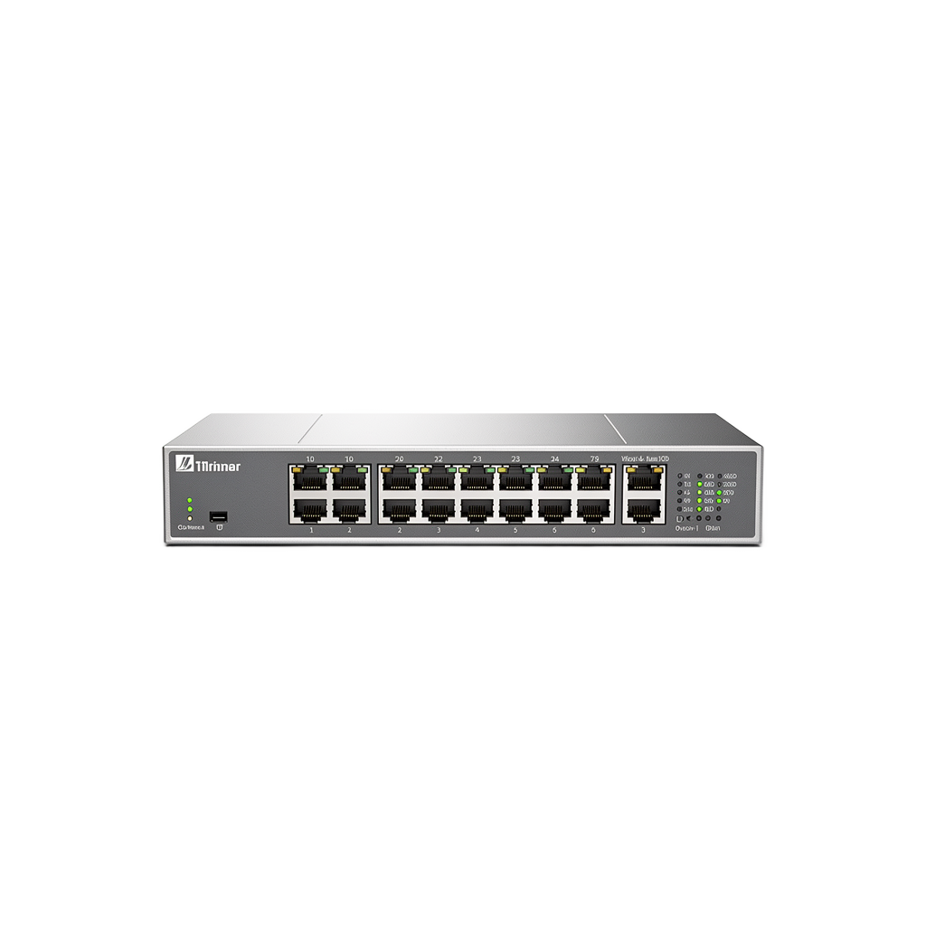 Silver rack-mount network switch with two rows of RJ45 ports and green status LEDs, white background