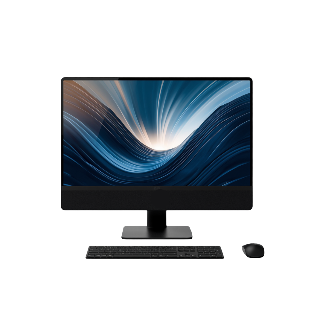Black all-in-one desktop computer with wireless keyboard and mouse, abstract blue wallpaper on screen