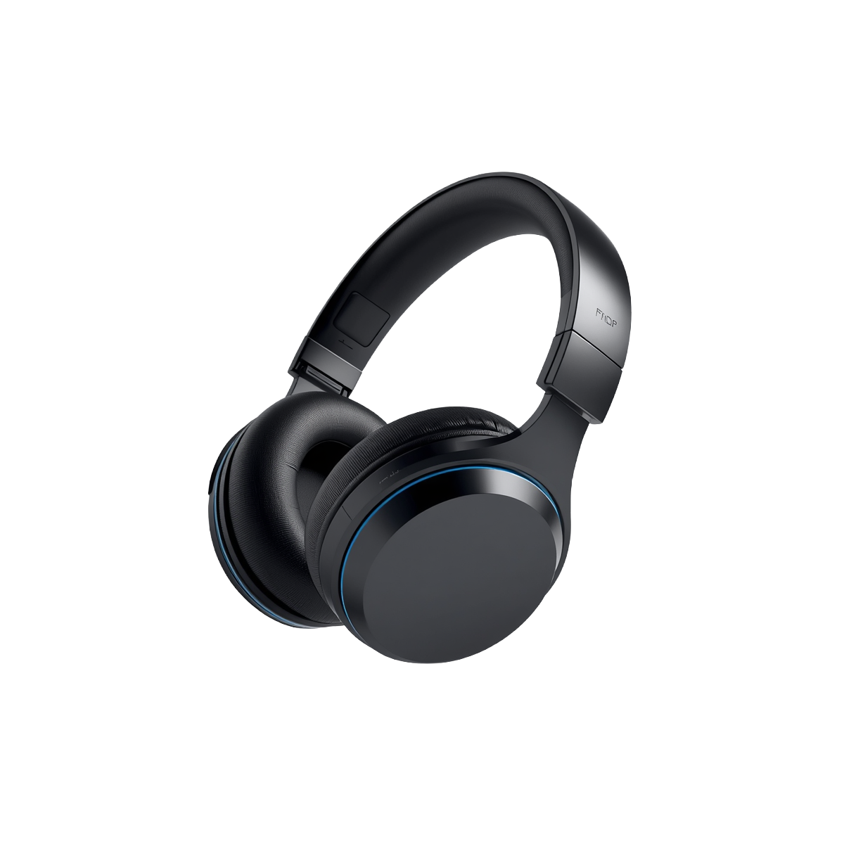 Black over-ear headphones with padded ear cups and blue accent rings on a white background