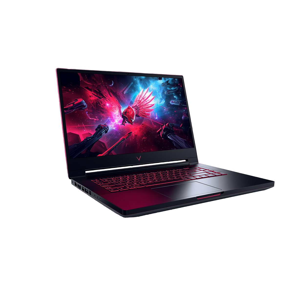 Open black gaming laptop with red backlit keyboard and colorful game artwork on the screen