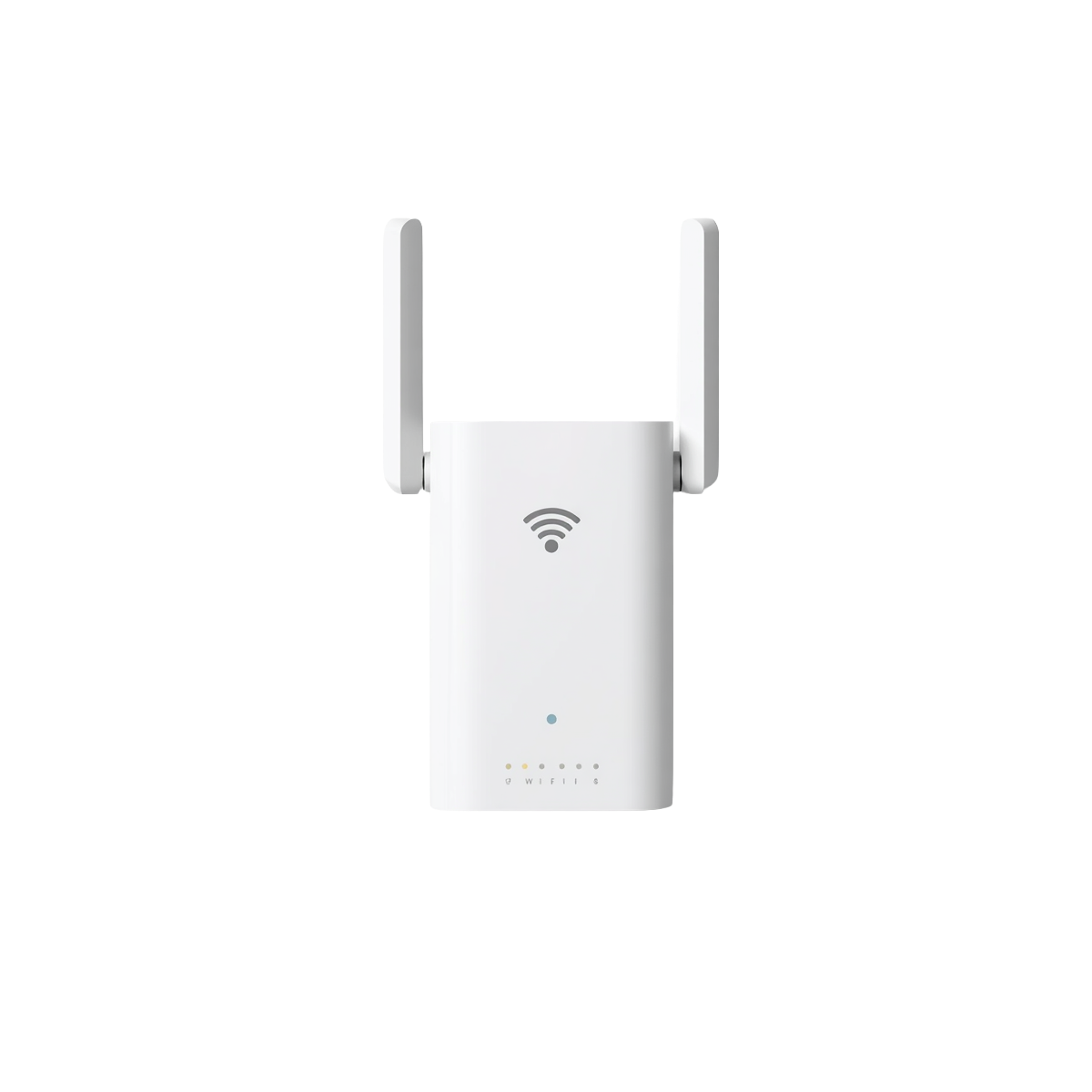 White plug-in Wi-Fi extender with two folding antennas, Wi-Fi symbol and signal LEDs, white background