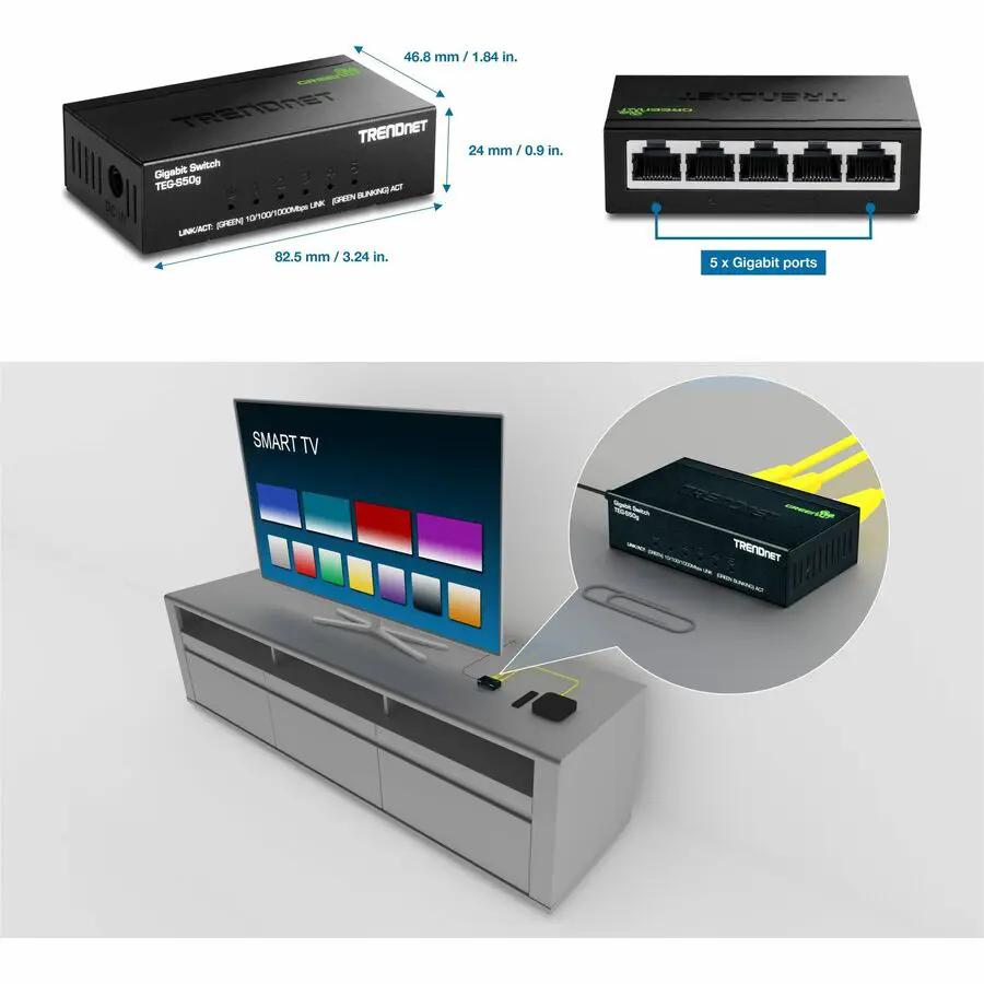 TRENDnet GREENnet TEG-S50g 5-Port Gigabit Unmanaged Switch, black desktop, fanless