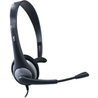 Black and gray headset with microphone on a white background