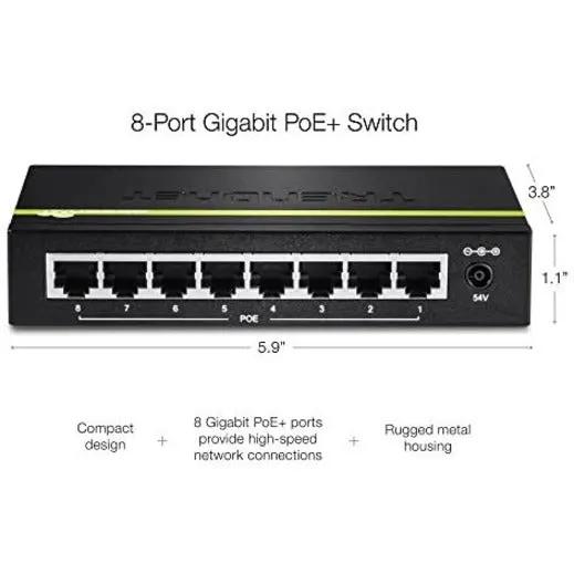 TRENDnet GREENnet TPE-TG80G 8-Port Gigabit PoE+ Switch, black metal housing