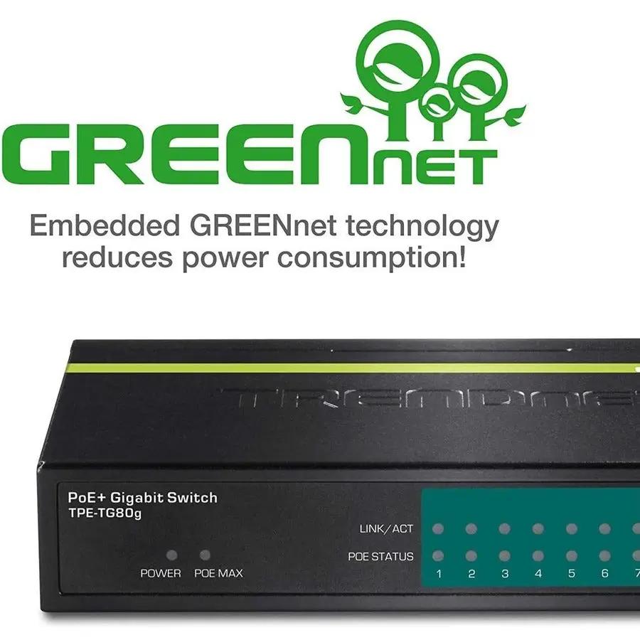 TRENDnet GREENnet TPE-TG80G 8-Port PoE+ Gigabit Switch, black metal chassis with green accent
