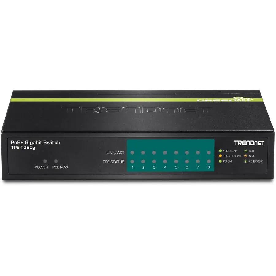 TRENDnet GREENnet 8-Port Gigabit PoE+ Switch, black metal chassis, model TPE-TG80G