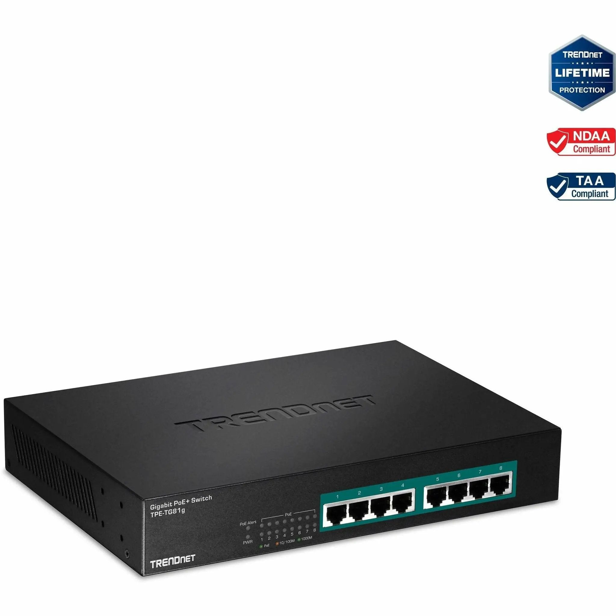 TRENDnet 8-Port Gigabit PoE+ Switch in black metal rack-mount enclosure with teal front panel