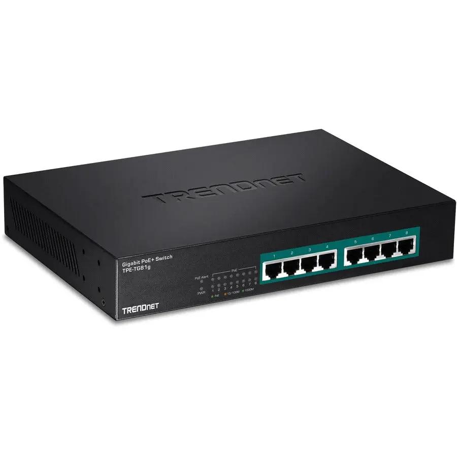 TRENDnet GREENnet TPE-TG81g 8-Port Gigabit PoE+ Switch, black metal enclosure