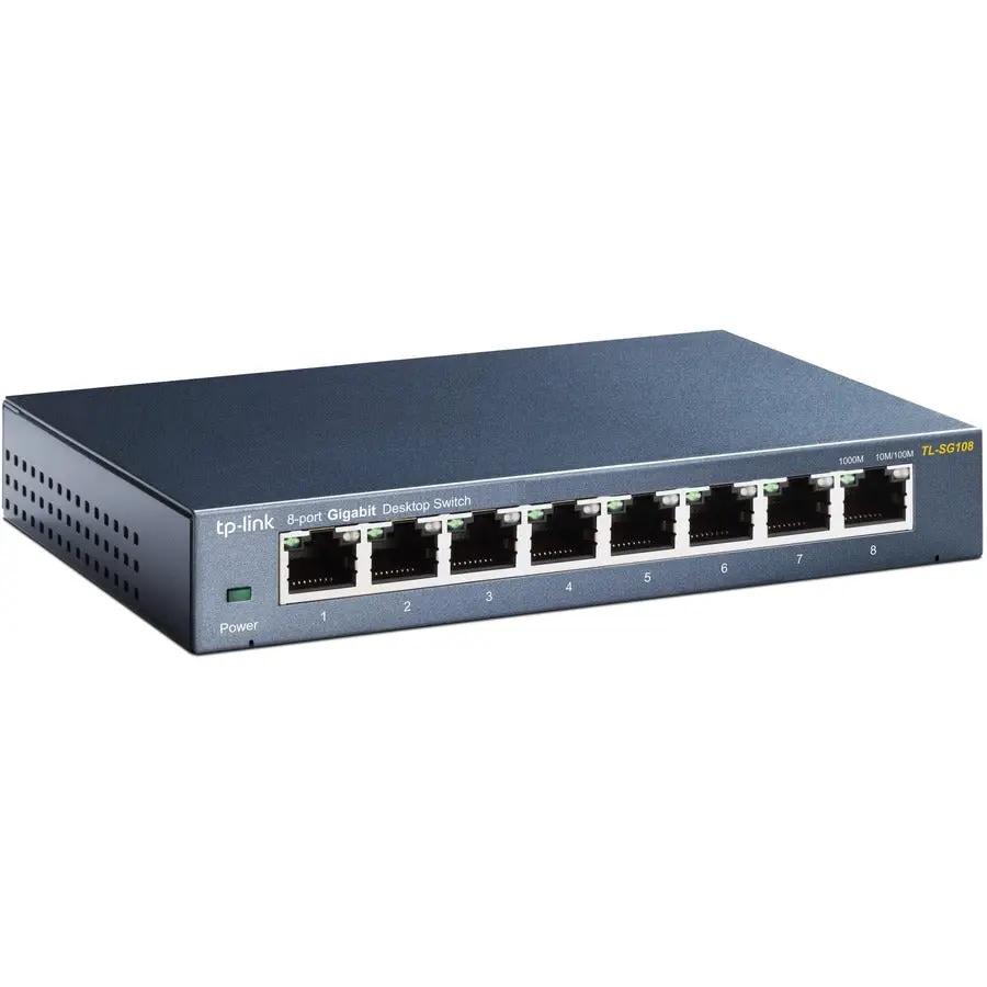 TP-Link TL-SG108 8-Port Gigabit Unmanaged Switch blue metal chassis on white background
