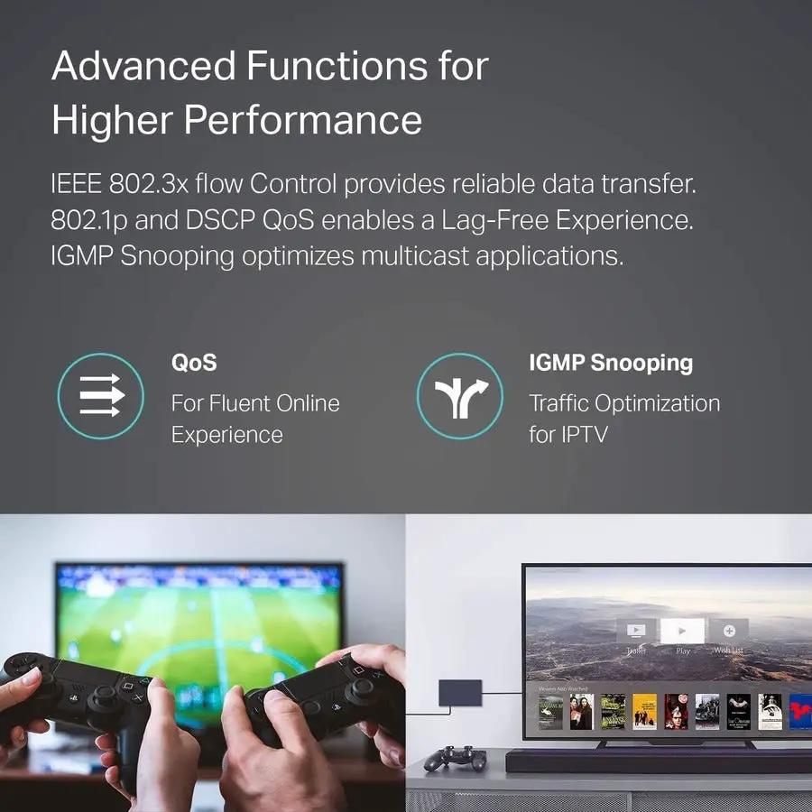 TP-Link TL-SG108 8-Port Gigabit Unmanaged Switch banner with gaming controllers and TV screen.