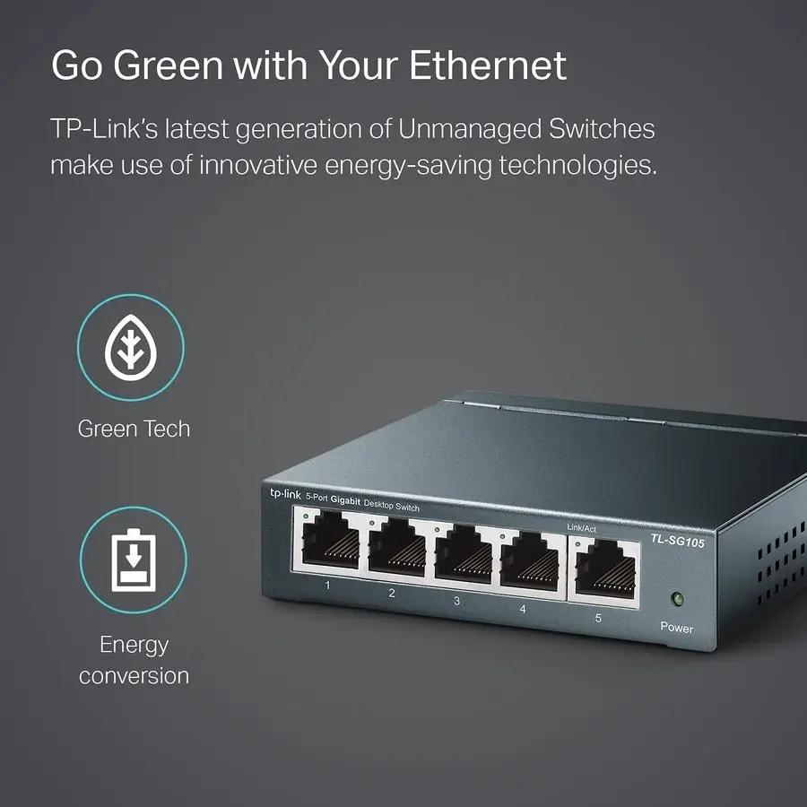 TP-Link TL-SG105 5-Port Gigabit Unmanaged Desktop Switch on dark gray background