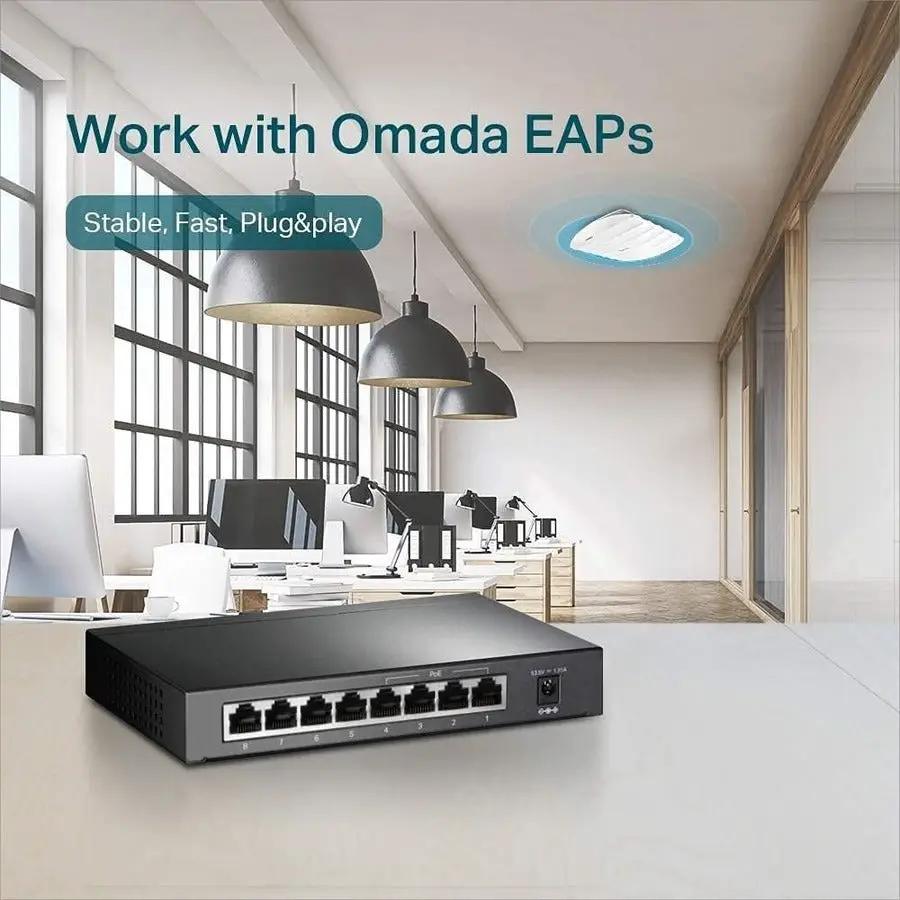 TP-LINK JetStream TL-SG1008P 8-Port Gigabit PoE Unmanaged Switch on an office desk