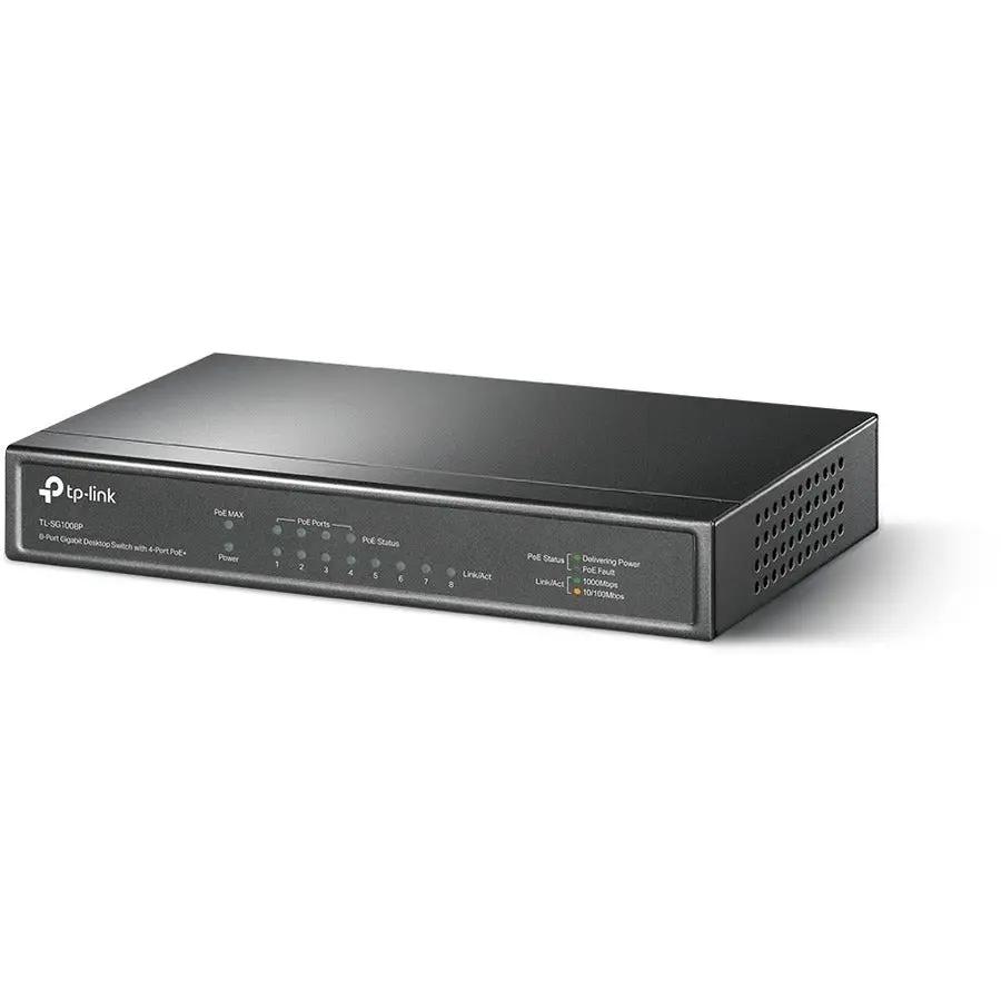 TP-LINK JetStream TL-SG1008P 8-Port Gigabit PoE Unmanaged Switch, black desktop unit on white background