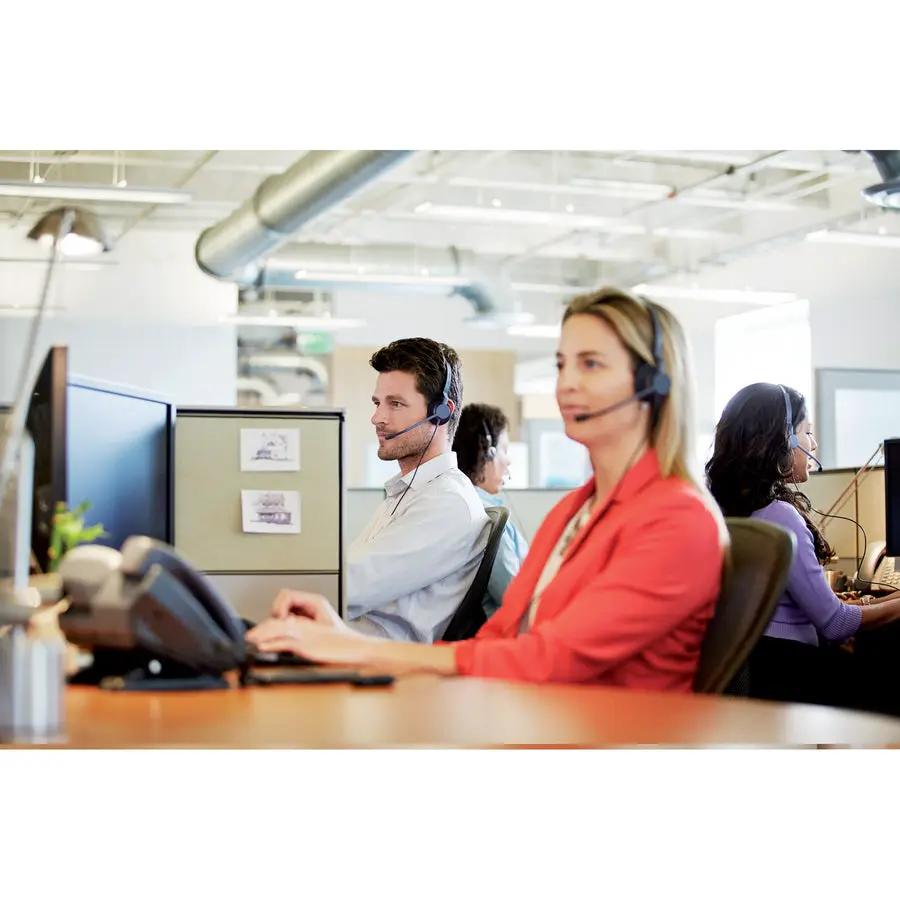 Jabra BIZ 2300 QD Duo NC black headset in a call-center office.
