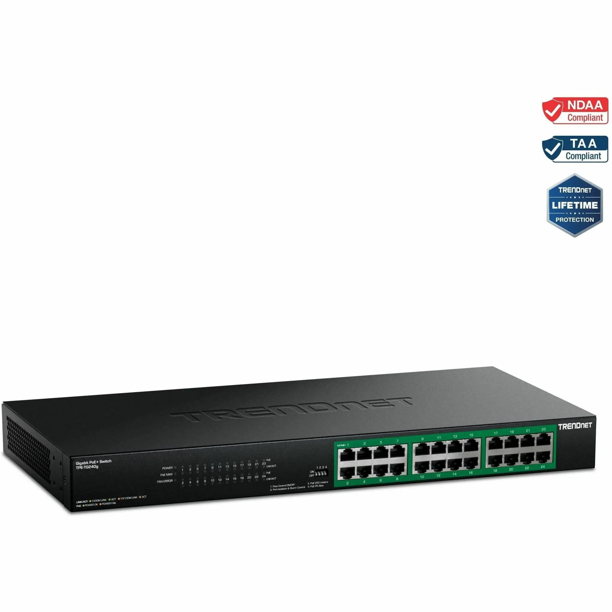 TRENDnet TPE-TG240G 24-Port Gigabit PoE+ Switch, black metal rack-mount unit