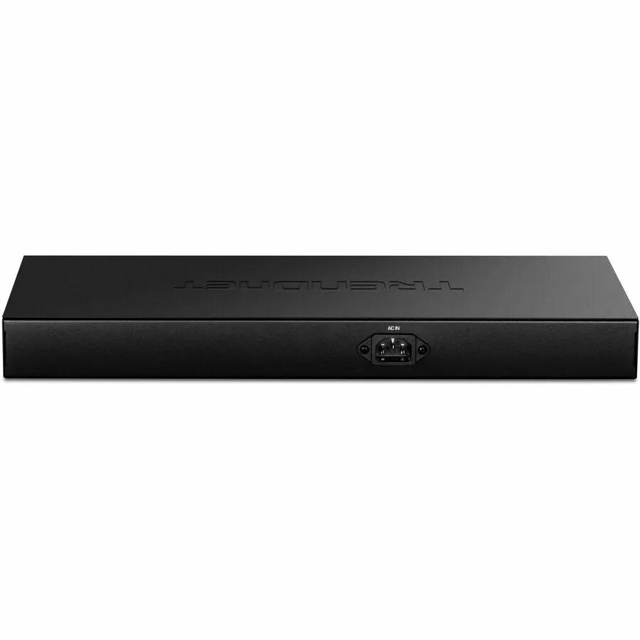 TRENDnet 24-Port Gigabit PoE+ Switch, black metal rack-mount chassis