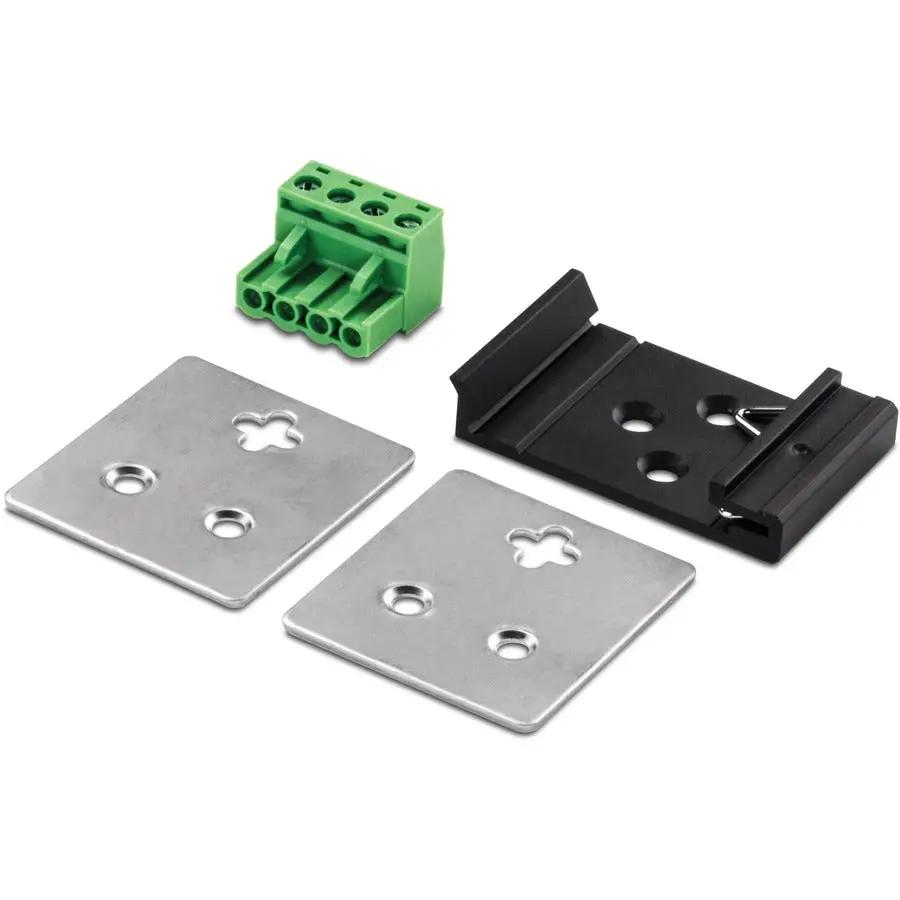 TRENDnet TI-G50 mounting kit with black DIN-rail bracket, green terminal block, and two silver plates