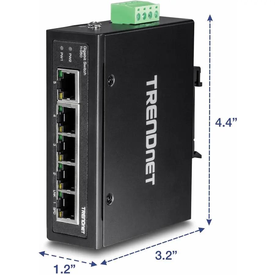 TRENDnet TI-G50 5-Port Industrial Unmanaged Switch, black metal housing with green terminal block