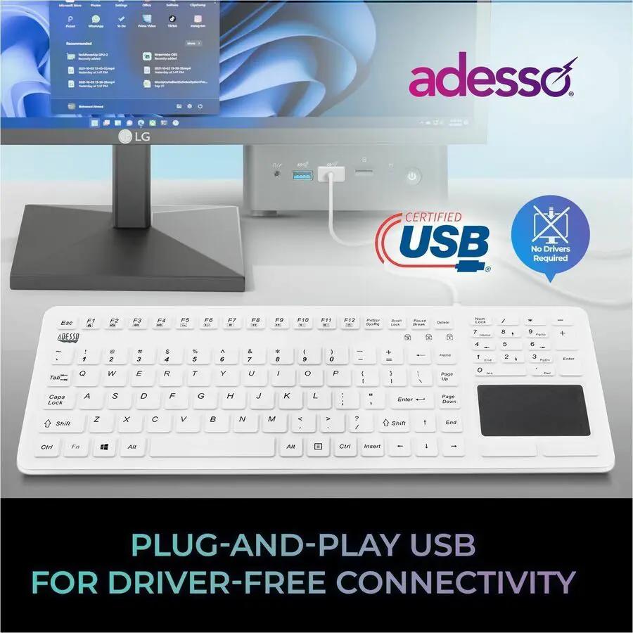 Adesso AKB-270UW Antimicrobial Waterproof TouchPad Keyboard with CoPilot AI Hotkey