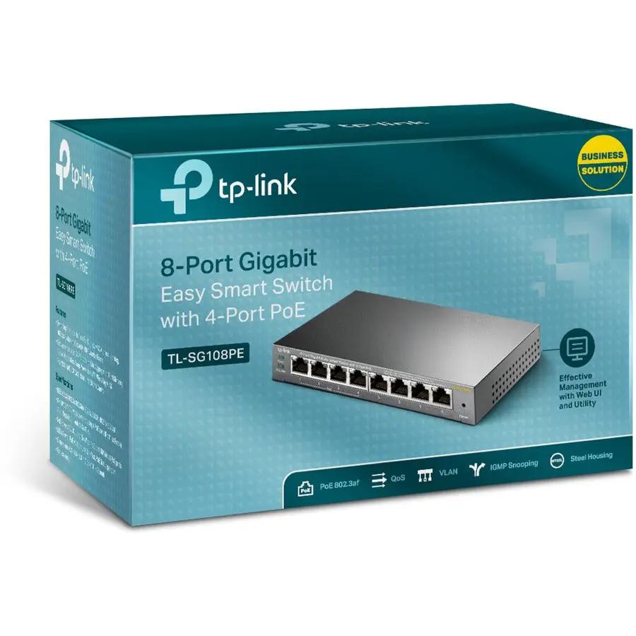 TP-Link TL-SG108PE 8-Port Gigabit Easy Smart PoE Switch with 4-Port PoE in blue box