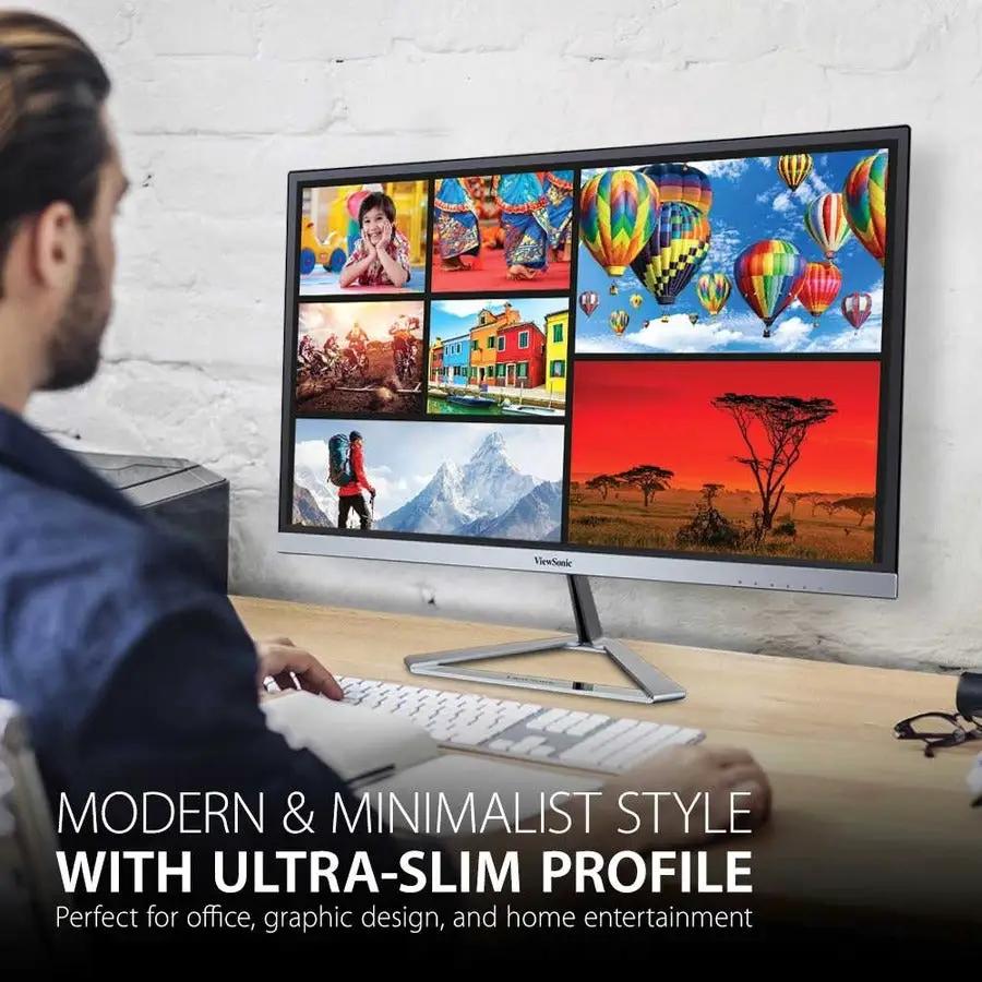 ViewSonic VX2476 24-inch IPS monitor with slim silver stand displaying a colorful photo collage