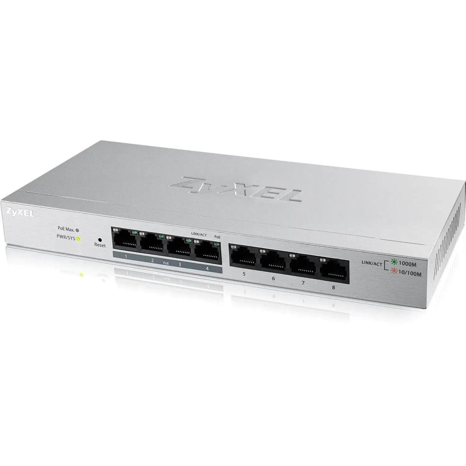 Zyxel GS1200-8HP 8-Port PoE+ Ethernet switch in a metal chassis, desktop or wall-mount.