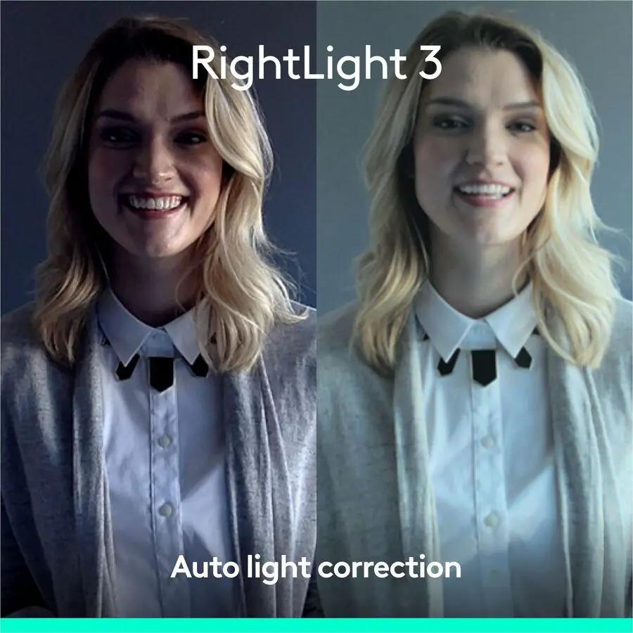 Logitech Brio 4K webcam graphic showing RightLight 3 auto light correction, split-screen portraits