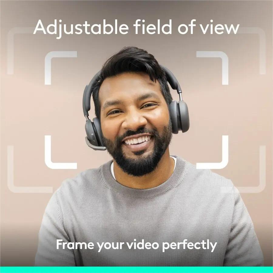 Logitech Brio 4K webcam for business promo image; man with black headset, smiling.