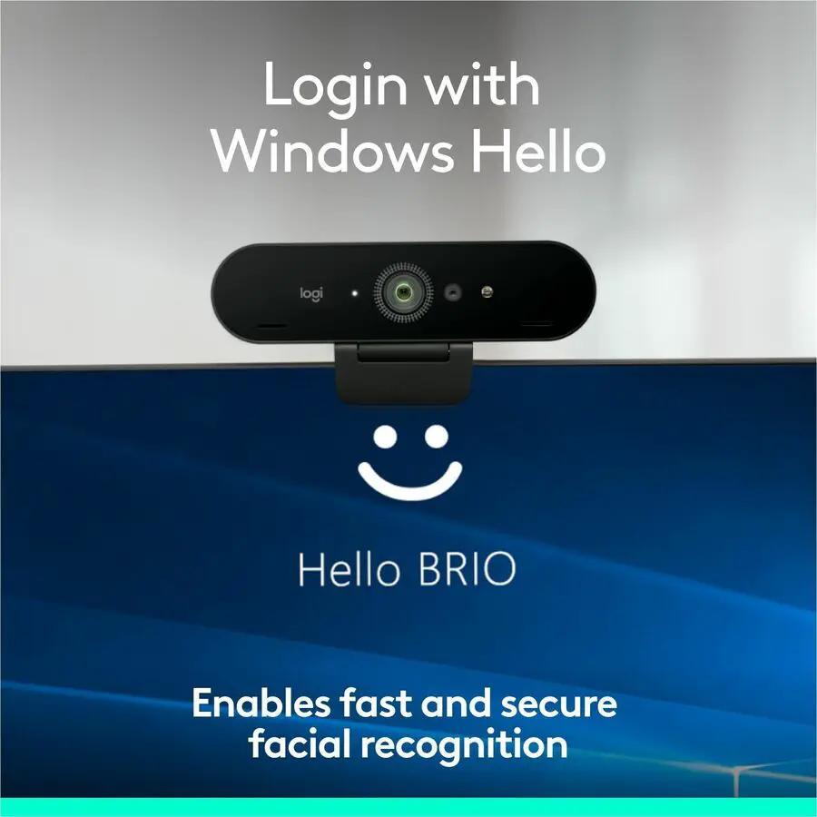 Logitech Brio 4K webcam, black, mounted on a monitor with Windows Hello biometric login.