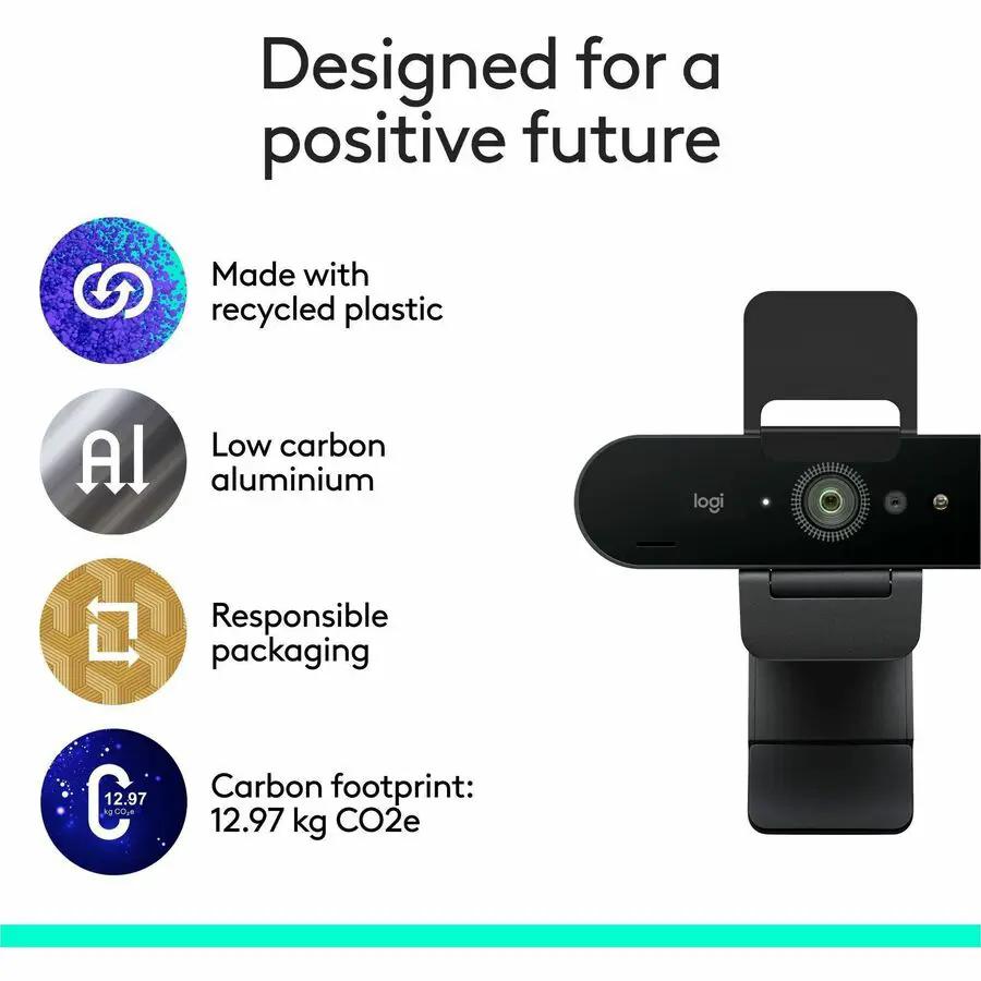 Logitech Brio 4K webcam in black with desk stand on white background