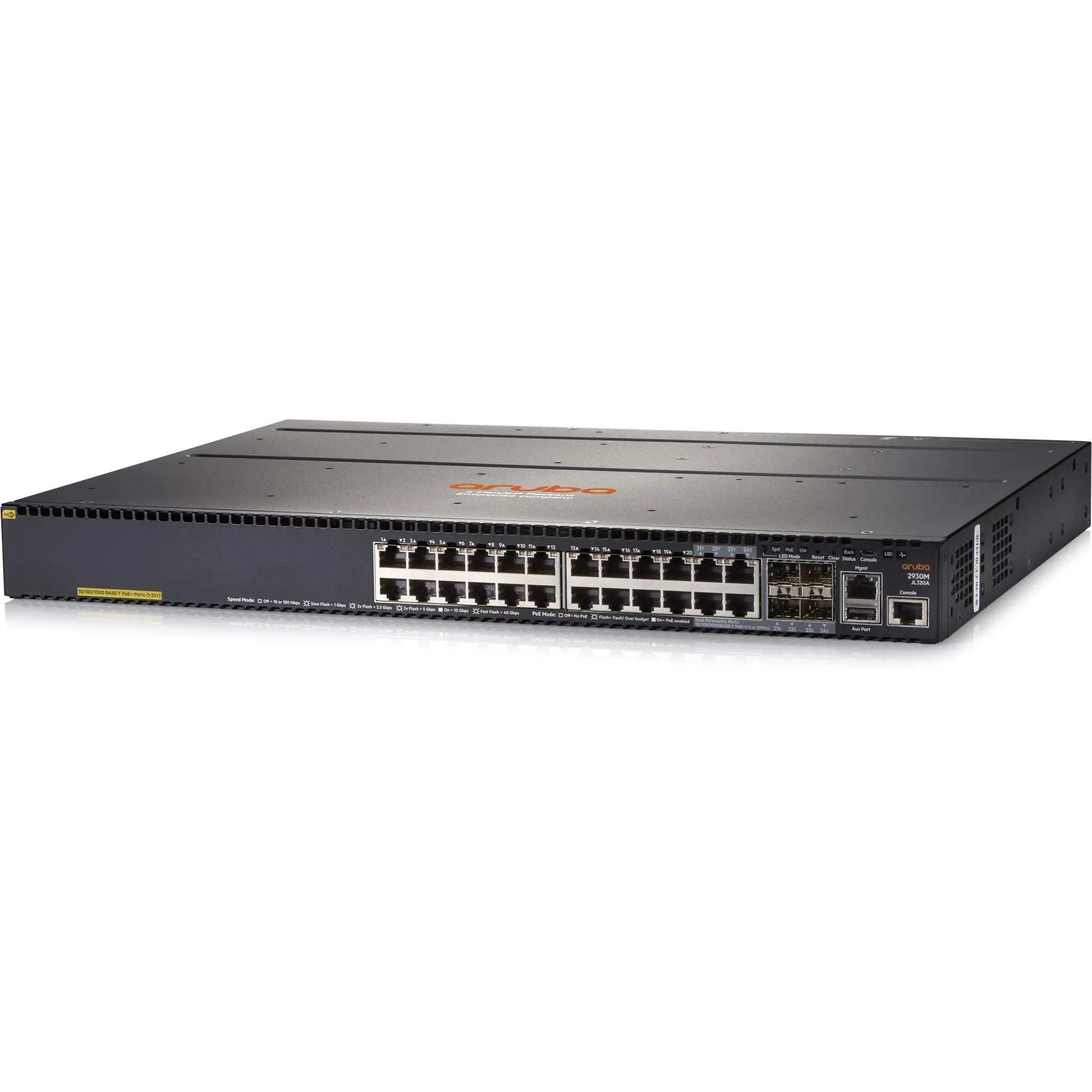 HPE ProCurve 2930M 24-port PoE+ switch, black rack-mount with Aruba logo