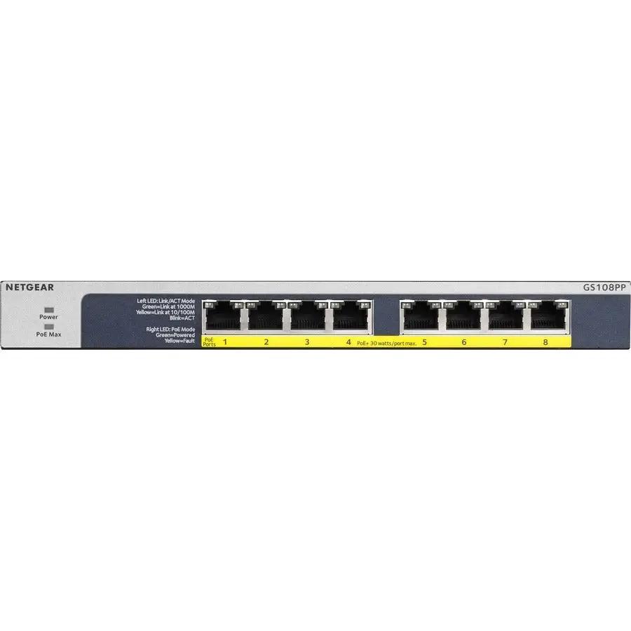 NETGEAR ProSAFE GS108PP 8-port Gigabit PoE+ unmanaged switch with gray metal chassis