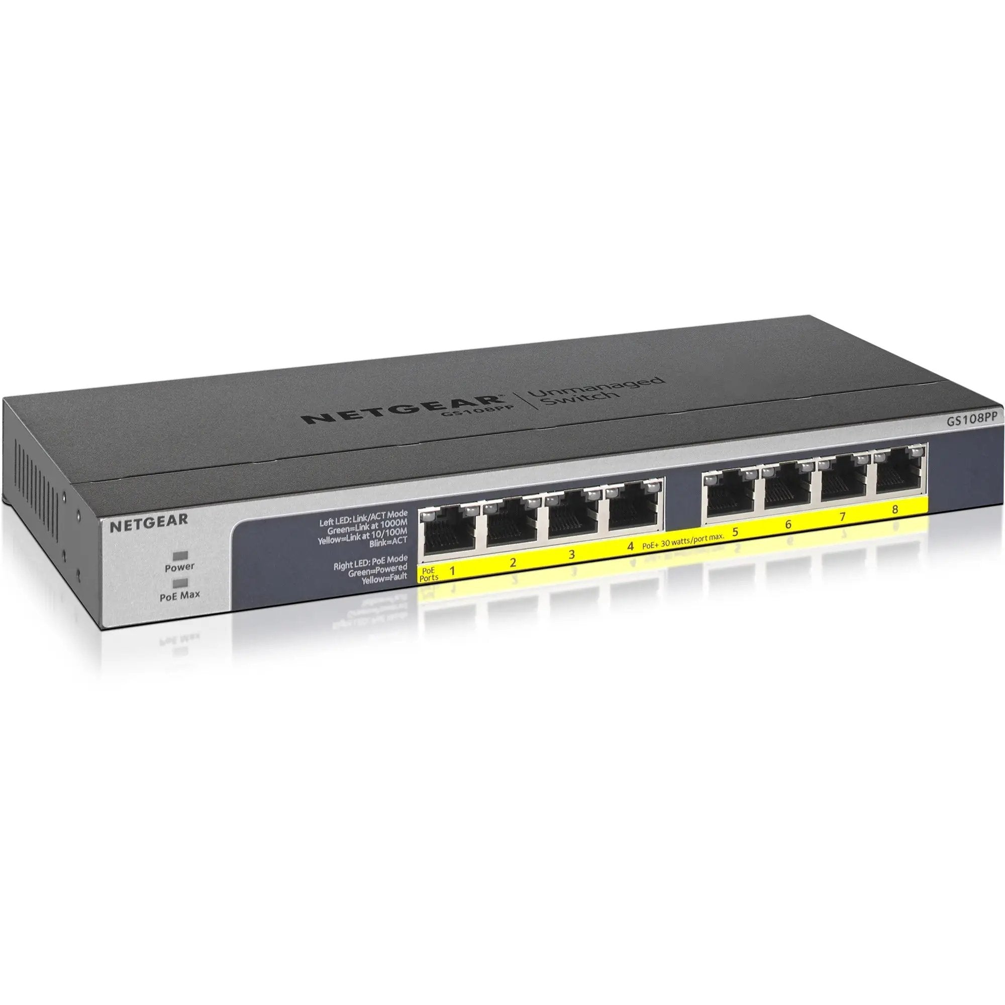 NETGEAR ProSAFE GS108PP 8-Port PoE+ Unmanaged Switch, gray metal chassis