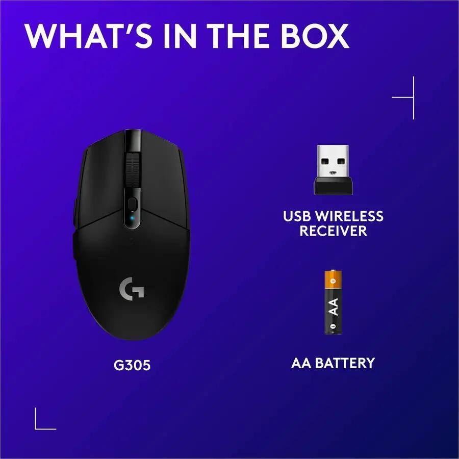 Logitech G305 LIGHTSPEED Wireless Gaming Mouse, HERO Sensor, 12,000 DPI, 6 Programmable Buttons, Black