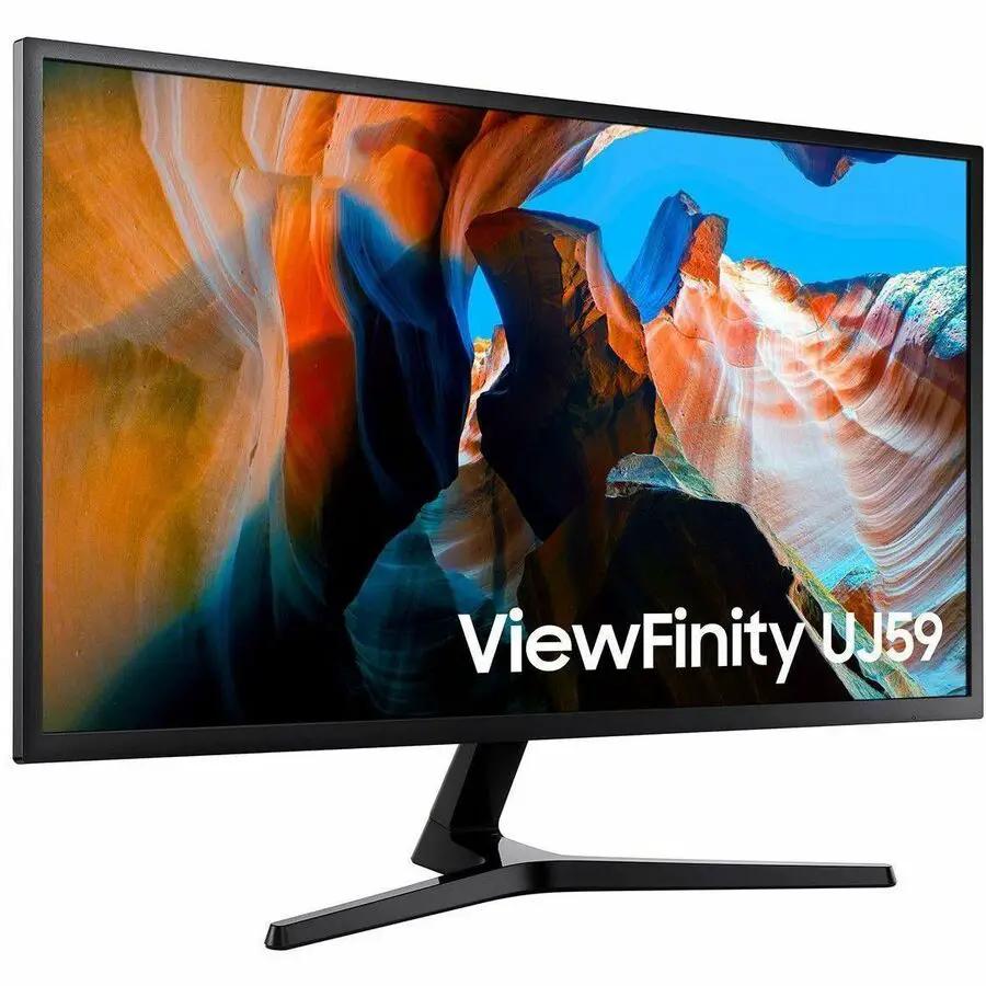 Samsung LU32J590UQNXZA 32-inch monitor with slim black bezel and V-shaped stand displaying vibrant canyon wallpaper