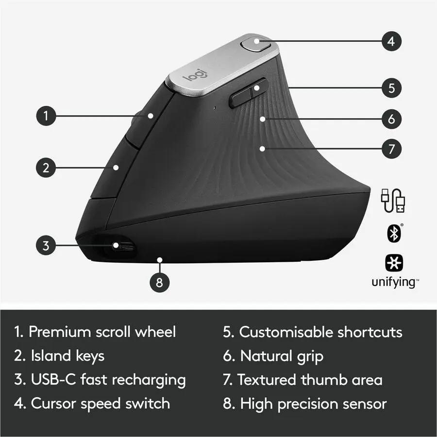 Logitech MX Vertical Wireless Mouse - Ergonomic Design Reduces Muscle Strain, Rechargeable, Graphite