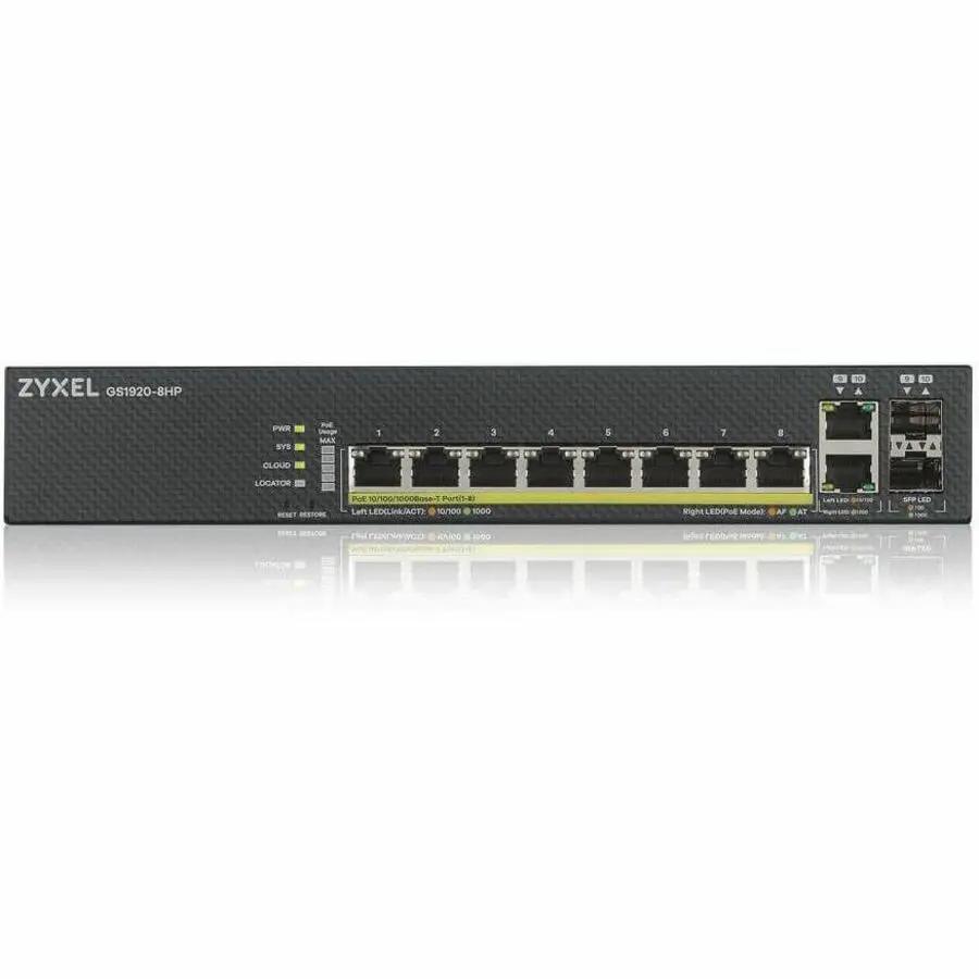Zyxel GS1920-8HP PoE+ Ethernet switch with 8 PoE+ ports and 2 SFP uplinks, black chassis.