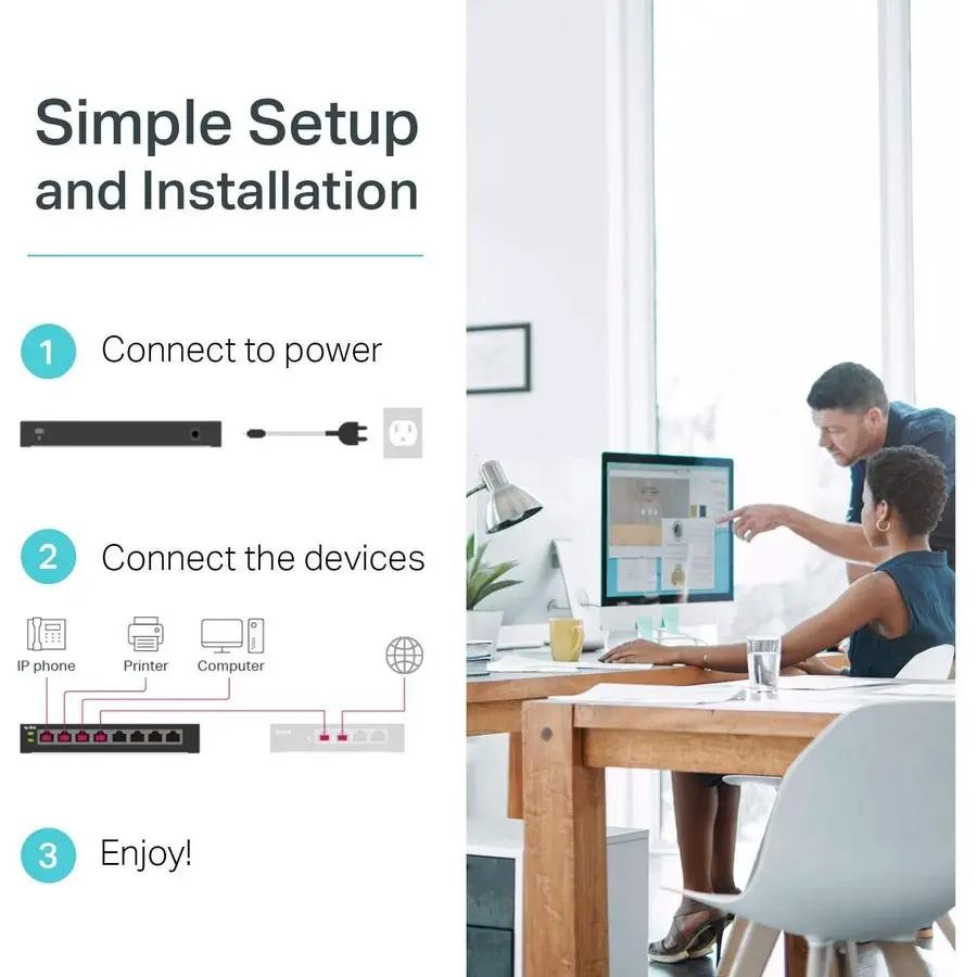 TP-Link TL-SG1008MP 8-Port Gigabit PoE Switch on setup-guide image with a desk scene