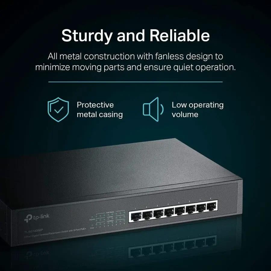 TP-Link TL-SG1008MP 8-Port Gigabit PoE Switch on a dark reflective surface