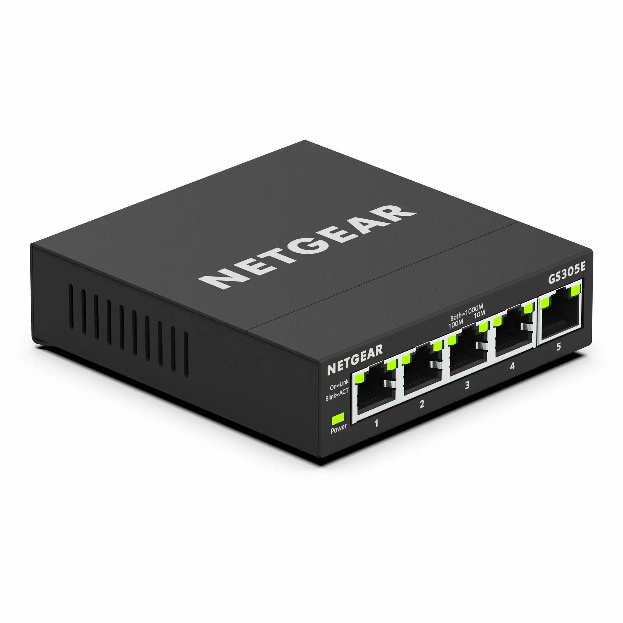 NETGEAR GS305E 5-Port Managed Switch, black body with green LEDs